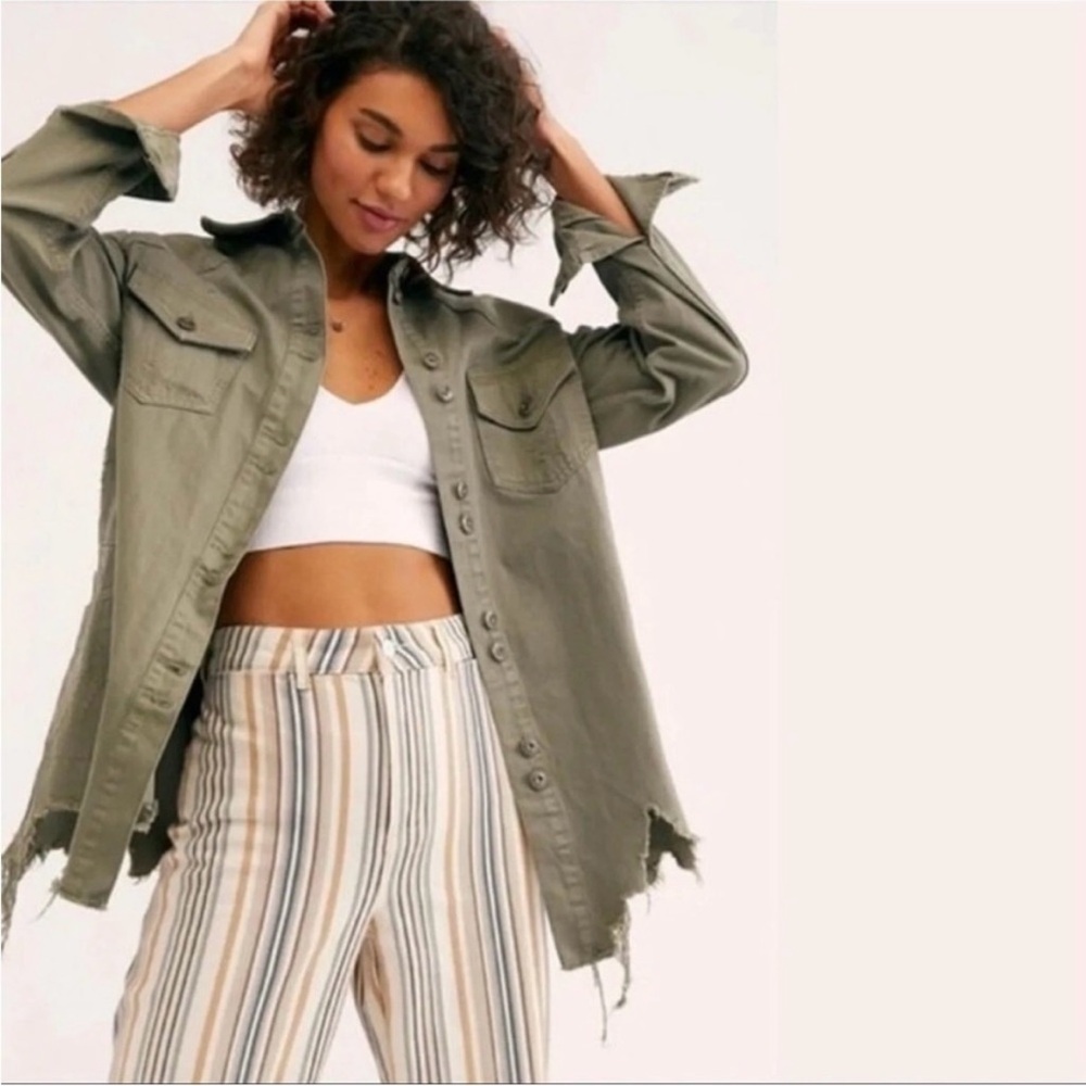 NWT Free People Moonchild Distressed Olive Green Jacket Size S
